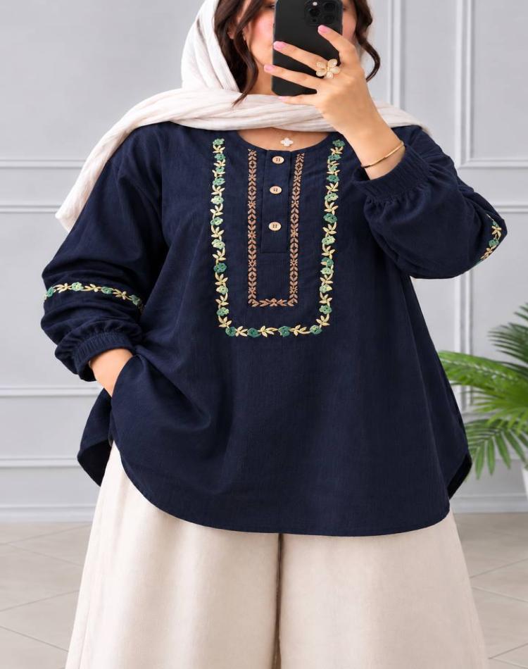 شومیز مخمل کبریتی گلدوزی‌شده لیانا